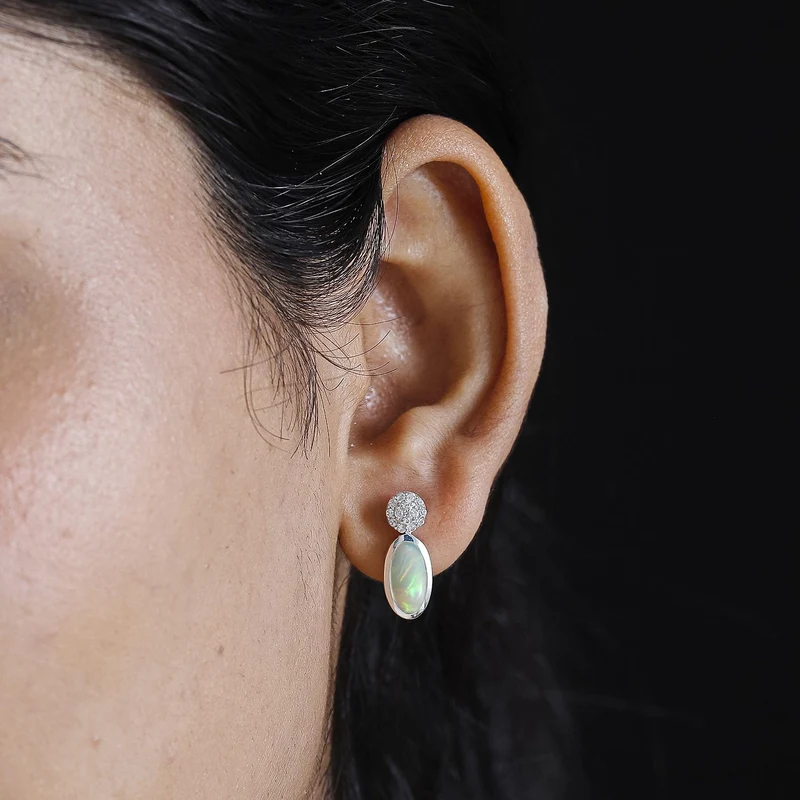 AA Natürlicher, äthiopischer Welo Opal, Weißer Zirkon Ohrringe 925 Silber rhodiniert ca. 2.11 ct