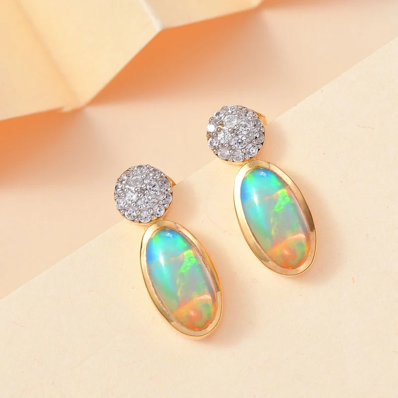 AA Natürlicher, äthiopischer Welo Opal, Weißer Zirkon Ohrringe 925 Silber rhodiniert ca. 2.11 ct