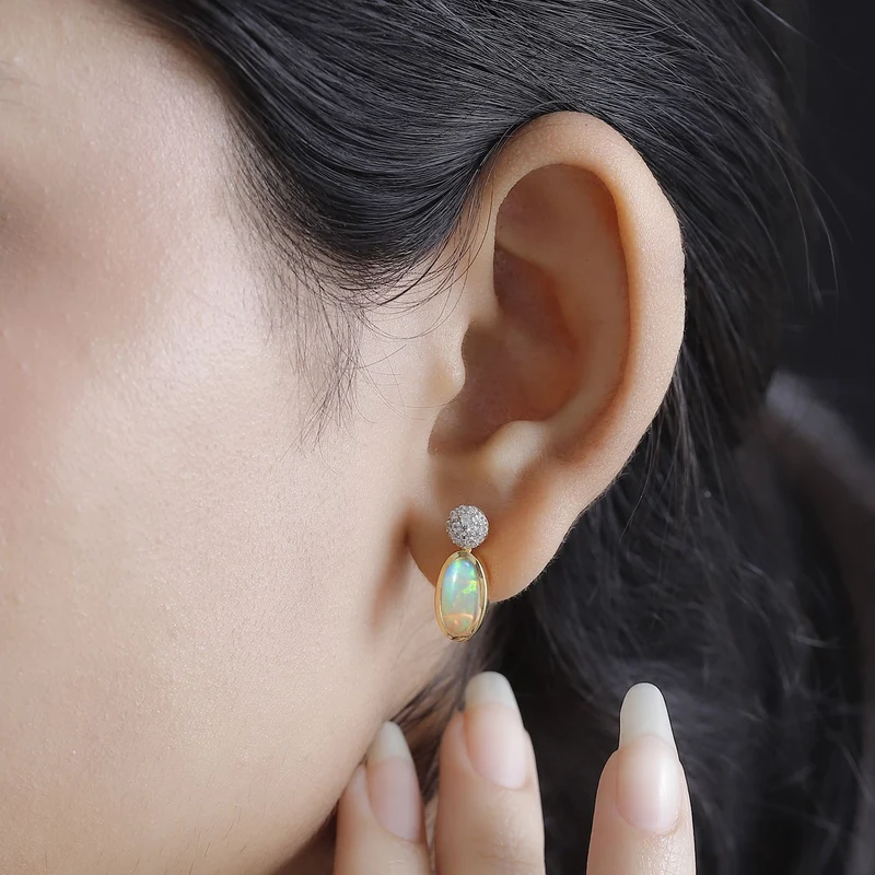AA Natürlicher, äthiopischer Welo Opal, Weißer Zirkon Ohrringe 925 Silber rhodiniert ca. 2.11 ct