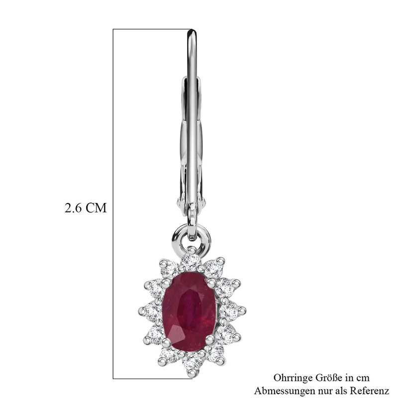 D'Joy Afrikanischer Rubin (Fissure gefüllt), Weißer Zirkon Ohrringe 925 Silber rhodiniert ca. 1.96 ct
