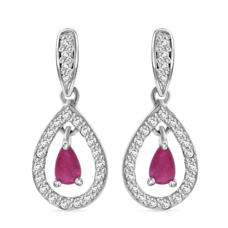 Burmesischer-Rubin, Weißer Zirkon Ohrringe 925 Silber rhodiniert ca. 0.85 ct