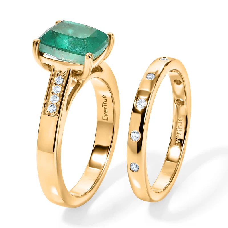 EVER TRUE 2er Set Smaragd-Quarz Triplette, Weißer Zirkon Schmuckset (Größe 17) ca. 2.73 ct