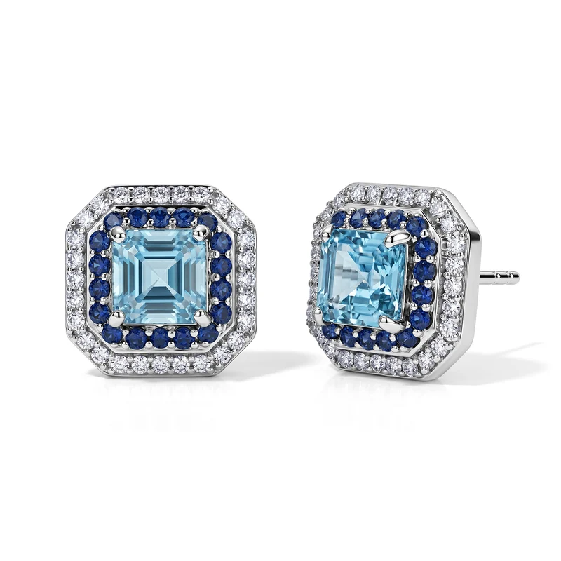 D'Joy AA blaue Zirkon, blaue Saphir und Moissanit Halo Ohrringe, 925 Silber rhodiniert - 3,37 ct.