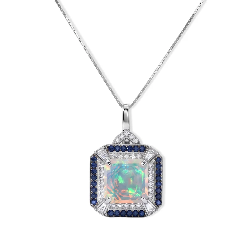 D'Joy AA natürlicher, äthiopischer Welo Opal, Moissanit und Smaragd Halo Anhänger mit 45cm Kette, 925 Silber rhodiniert - 3,29 ct.