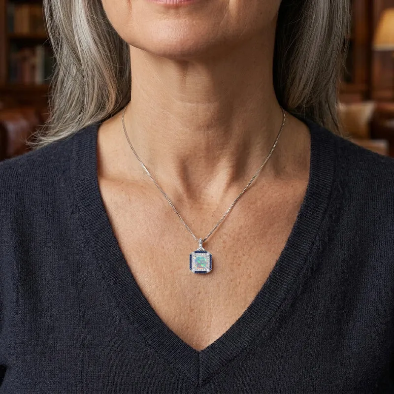 D'Joy AA natürlicher, äthiopischer Welo Opal, Moissanit und Smaragd Halo Anhänger mit 45cm Kette, 925 Silber rhodiniert - 3,29 ct.