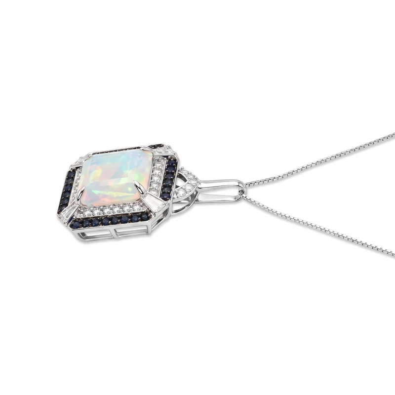 D'Joy AA natürlicher, äthiopischer Welo Opal, Moissanit und Smaragd Halo Anhänger mit 45cm Kette, 925 Silber rhodiniert - 3,29 ct.