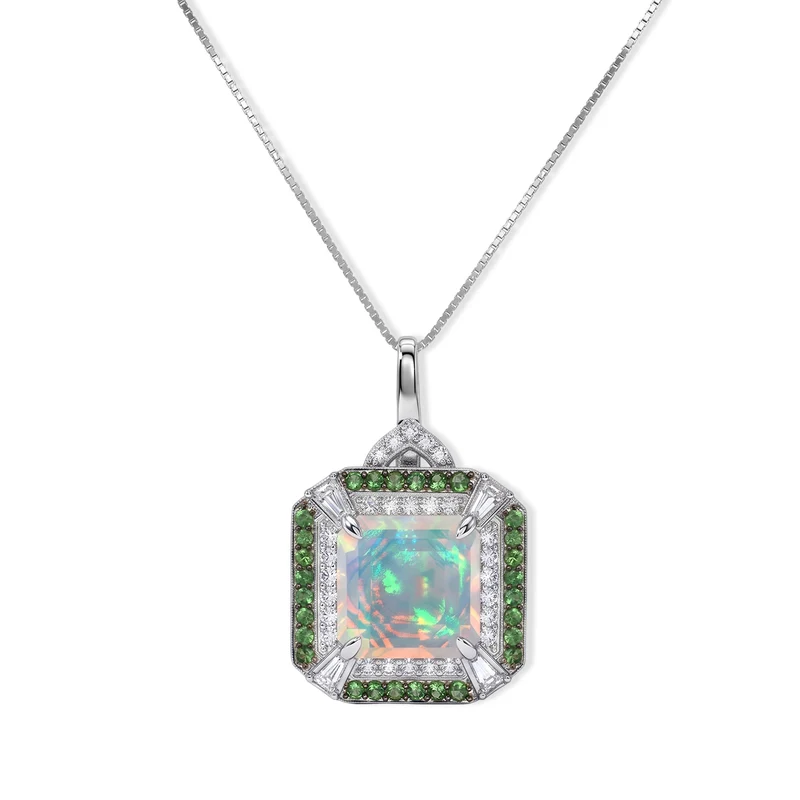 D'Joy AA natürlicher, äthiopischer Welo Opal, Moissanit und Smaragd Halo Anhänger mit 45cm Kette, 925 Silber rhodiniert - 3,29 ct.