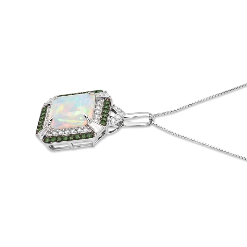 D'Joy AA natürlicher, äthiopischer Welo Opal, Moissanit und Smaragd Halo Anhänger mit 45cm Kette, 925 Silber rhodiniert - 3,29 ct.