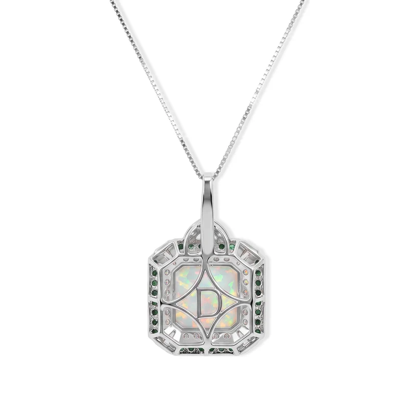 D'Joy AA natürlicher, äthiopischer Welo Opal, Moissanit und Smaragd Halo Anhänger mit 45cm Kette, 925 Silber rhodiniert - 3,29 ct.