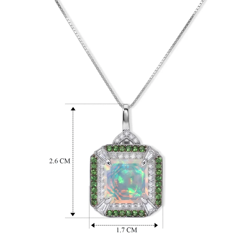 D'Joy AA natürlicher, äthiopischer Welo Opal, Moissanit und Smaragd Halo Anhänger mit 45cm Kette, 925 Silber rhodiniert - 3,29 ct.