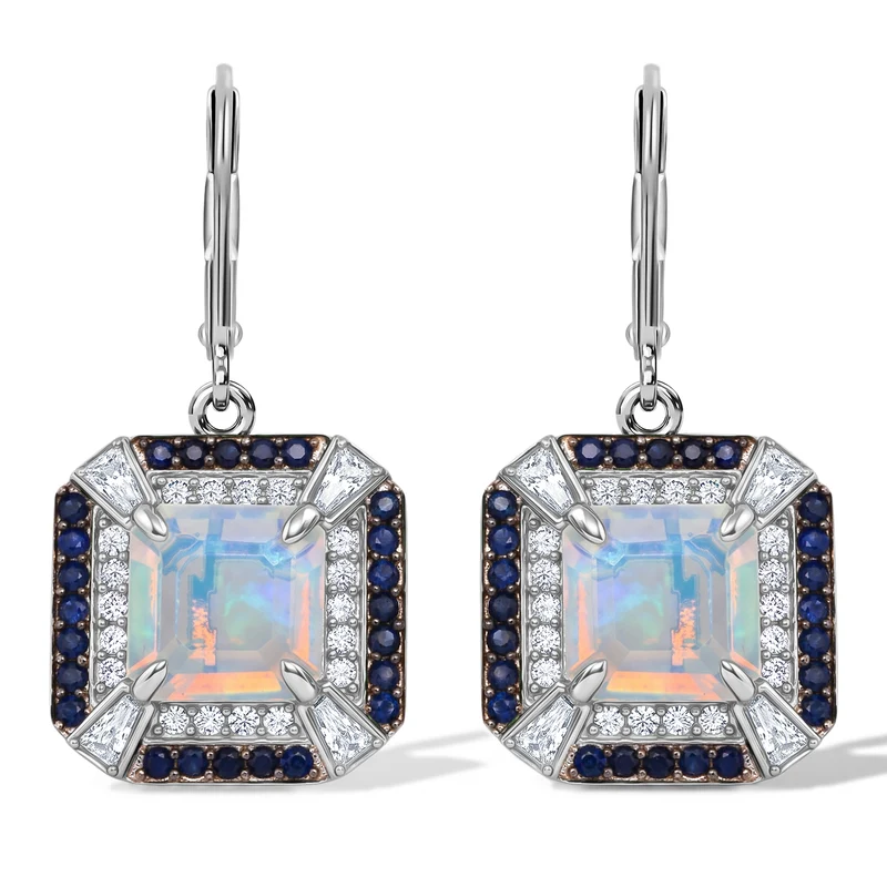 D'Joy AA natürliche, äthiopische Welo Opal, Moissanit und Ceylon Saphir Halo Ohrringe, 925 Silber rhodiniert - 4,08 ct.