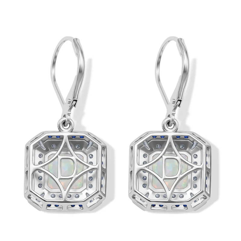 D'Joy AA natürliche, äthiopische Welo Opal, Moissanit und Ceylon Saphir Halo Ohrringe, 925 Silber rhodiniert - 4,08 ct.