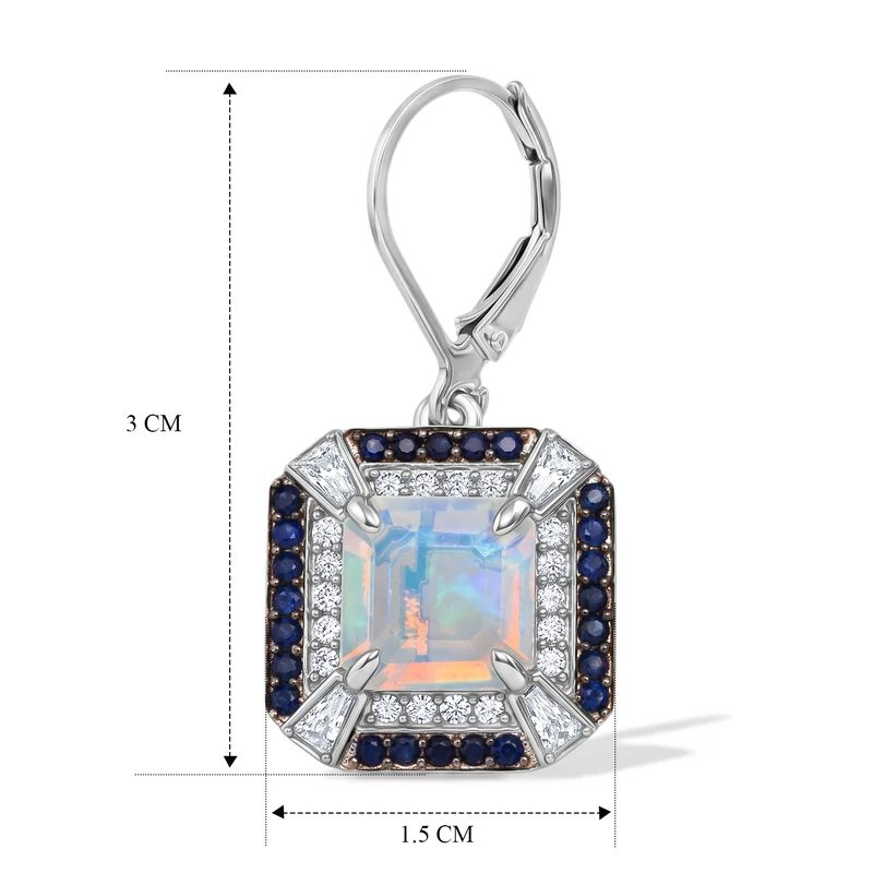 D'Joy AA natürliche, äthiopische Welo Opal, Moissanit und Ceylon Saphir Halo Ohrringe, 925 Silber rhodiniert - 4,08 ct.