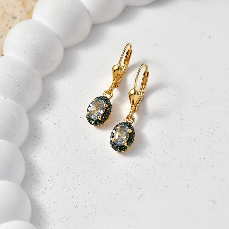 D'Joy Grüner Tansanit, Grüner Diamant Ohrringe 925 Silber 750 Gelbgold vermeil ca. 1.06 ct