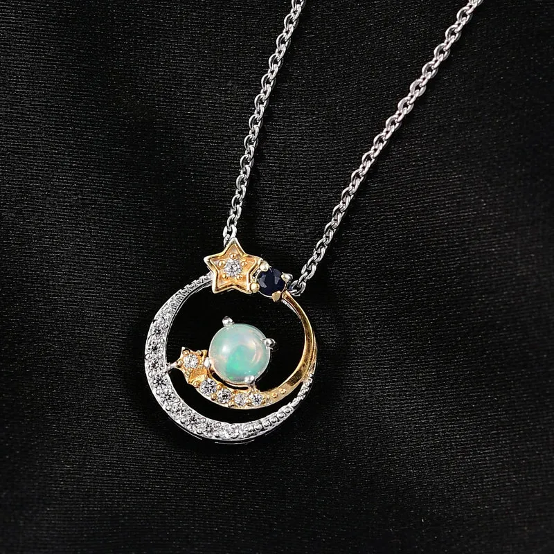 D'Joy AA Natürlicher, äthiopischer Welo Opal, Blauer Saphir Schmuckset ca. 50 cm 925 Silber platiniert, 925 Silber platiniert und vergoldet ca. 0.37 ct