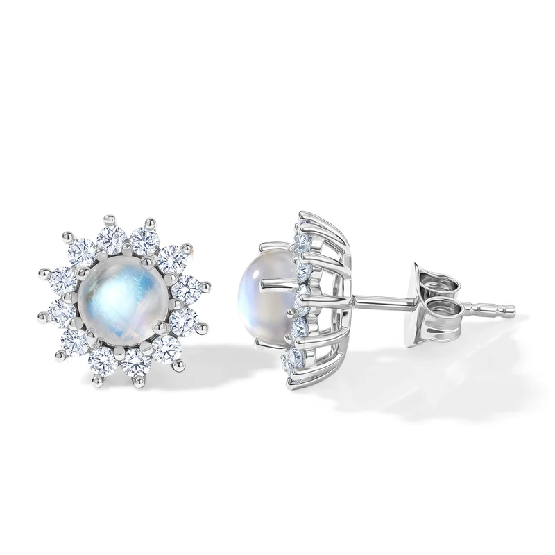 D'Joy Regenbogen Mondstein, Weißer Zirkon Ohrringe 925 Silber Rhodiniert ca. 3.21 ct