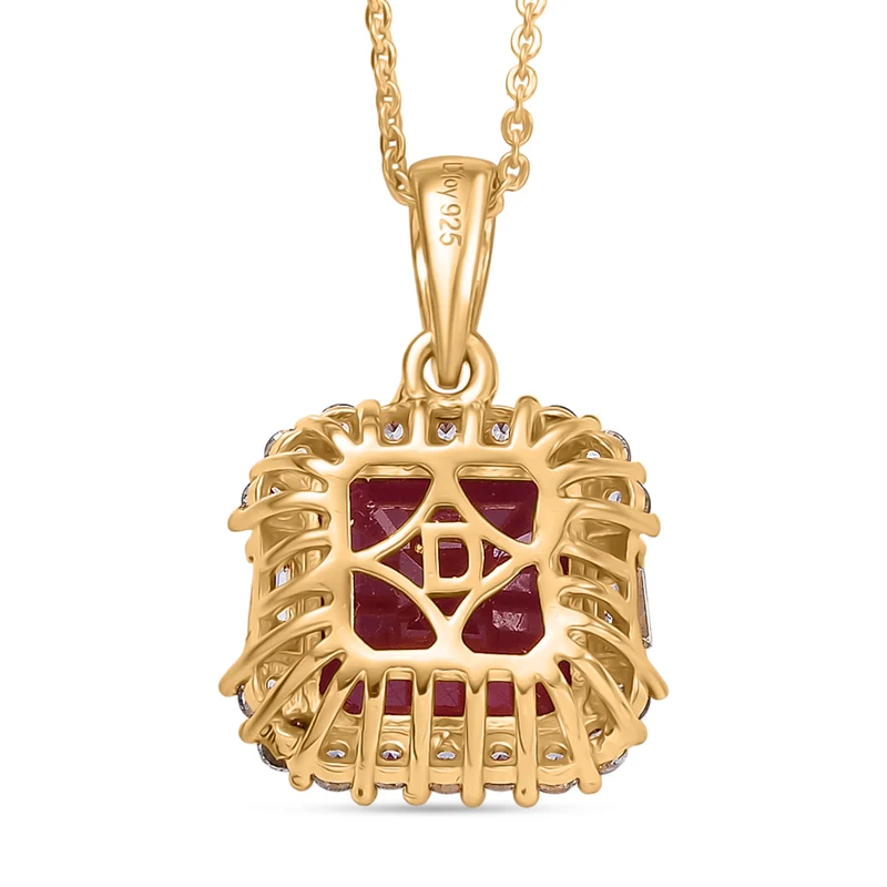 D'Joy ASSCHER SCHLIFF Afrikanischer Rubin (Fissure gefüllt), Weißer Topas Schmuckset ca. 50 cm 925 Silber 750 Gelbgold Vermeil ca. 8.11 ct