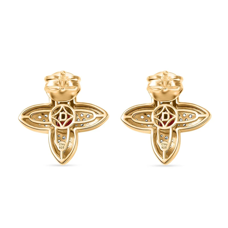Garten der Kronjuwelen- D'joy Afrikanischer Rubin (Fissure gefüllt), Weißer Zirkon Ohrringe 925 Silber 750 Gelbgold Vermeil ca. 1.78 ct