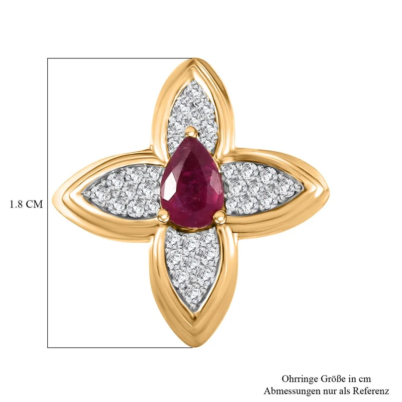 Garten der Kronjuwelen- D'joy Afrikanischer Rubin (Fissure gefüllt), Weißer Zirkon Ohrringe 925 Silber 750 Gelbgold Vermeil ca. 1.78 ct