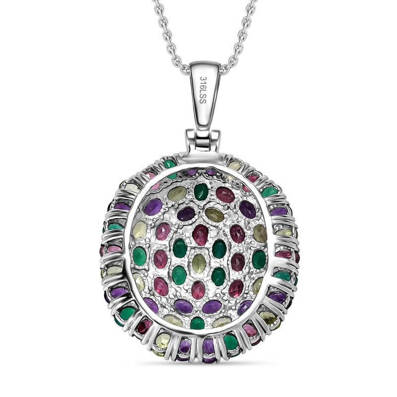 Rhodolith Granat, Afrikanischer Amethyst Anhänger mit Kette, Edelstahl ca. 9.44 ct