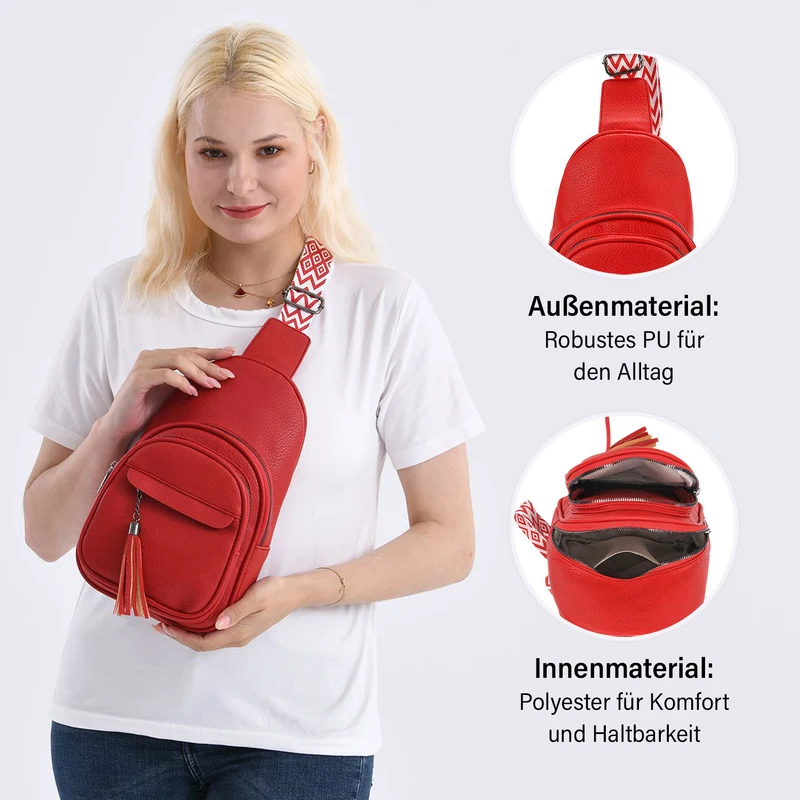 Crossbody-Tasche aus Nylon, mit mehreren Reißverschlussfächern und verstellbarem Schulterriemen, 24x15x9?cm, Rot