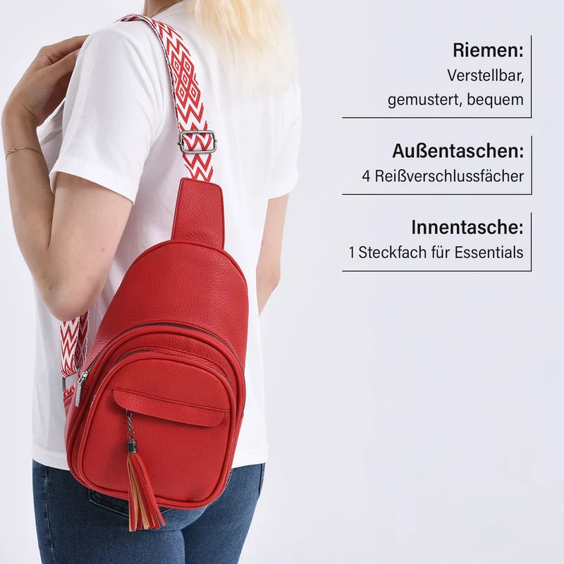 Crossbody-Tasche aus Nylon, mit mehreren Reißverschlussfächern und verstellbarem Schulterriemen, 24x15x9?cm, Rot