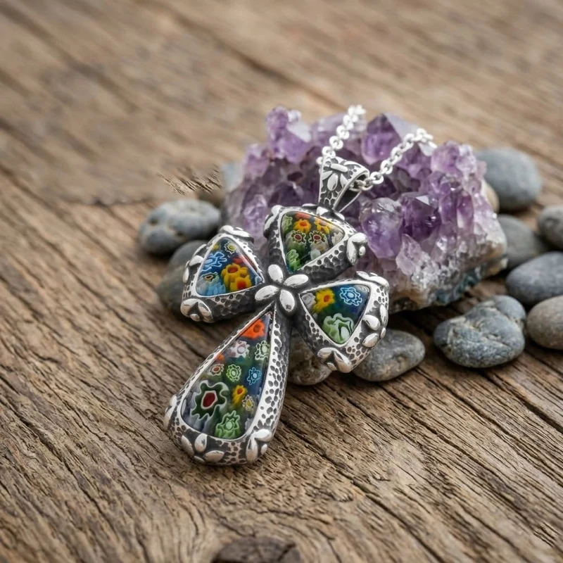 Oxidierter Kreuz-Anhänger im Murano-Stil mit 50cm Kette, Edelstahl