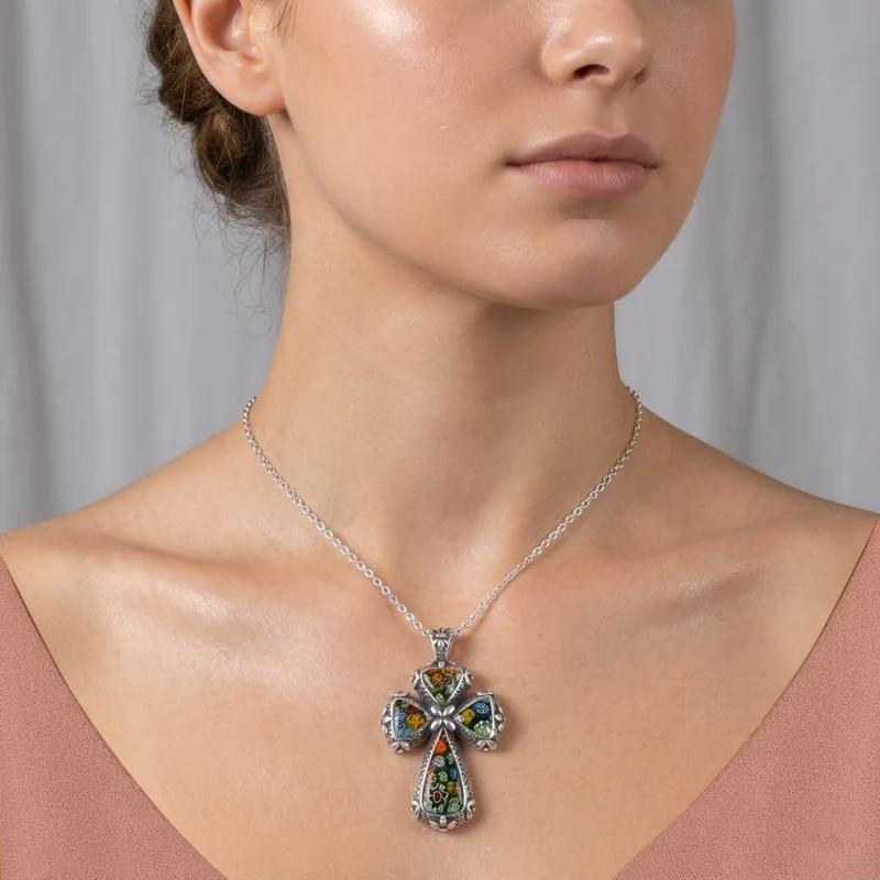 Oxidierter Kreuz-Anhänger im Murano-Stil mit 50cm Kette, Edelstahl
