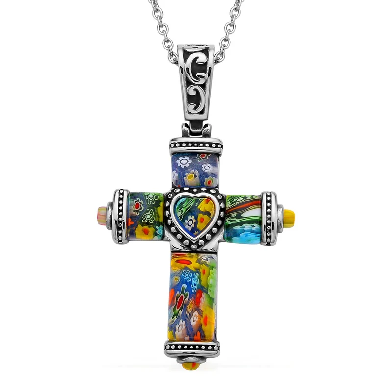 Oxidierter Kreuz-Anhänger im Murano-Stil mit 50cm Kette, Edelstahl