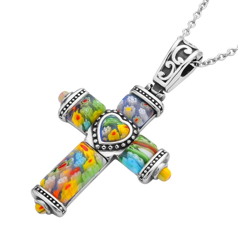 Oxidierter Kreuz-Anhänger im Murano-Stil mit 50cm Kette, Edelstahl