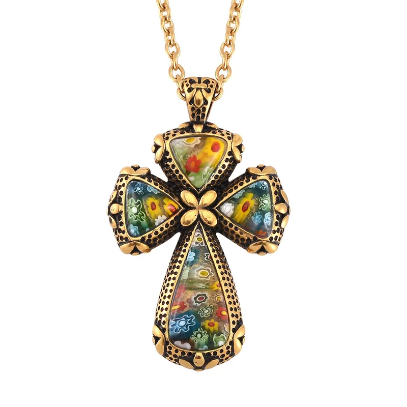 Oxidierter Kreuz-Anhänger im Murano-Stil mit 50cm Kette, Edelstahl