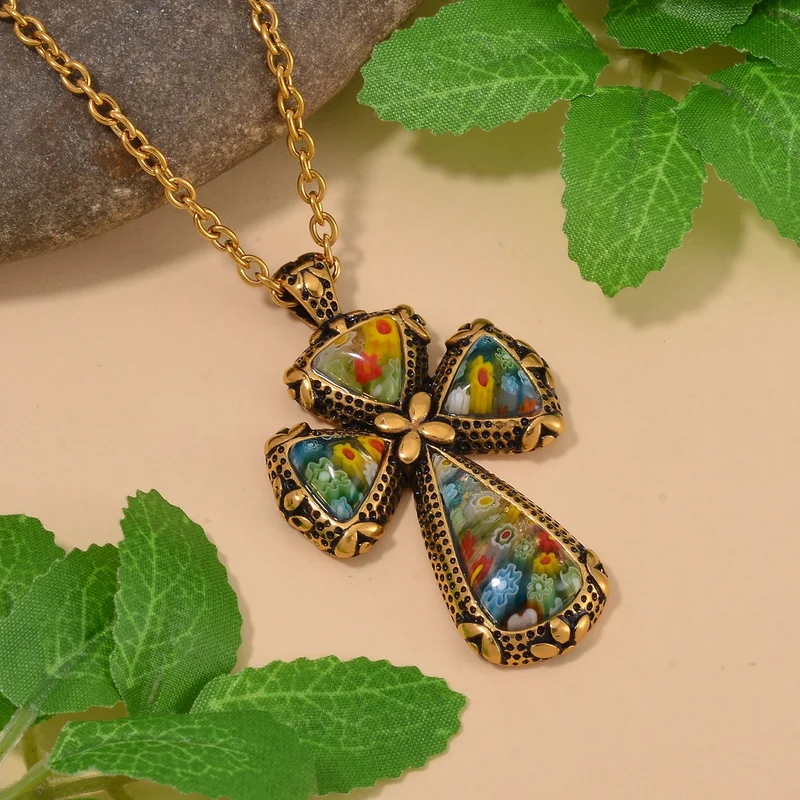 Oxidierter Kreuz-Anhänger im Murano-Stil mit 50cm Kette, Edelstahl