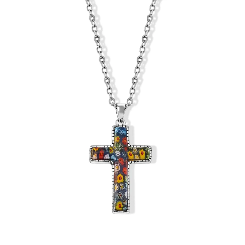 Oxidierter Kreuz-Anhänger im Murano-Stil mit 50cm Kette, Edelstahl