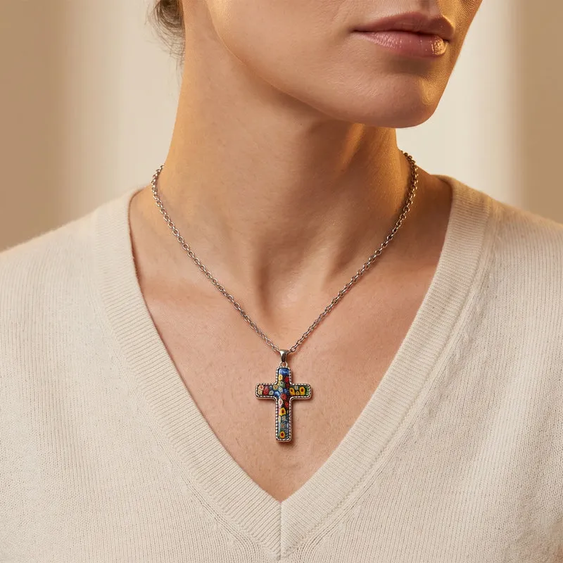 Oxidierter Kreuz-Anhänger im Murano-Stil mit 50cm Kette, Edelstahl
