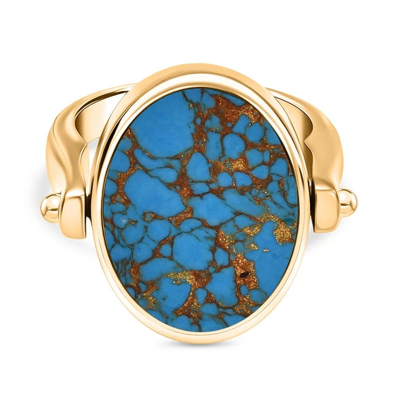 2-in-1 Blaues Türkis Siegel Ring und Anhänger im Wende-Design, Messing goldfarben, mit Edelstahlkette, (Größe 21.00), ca. 15.44 ct
