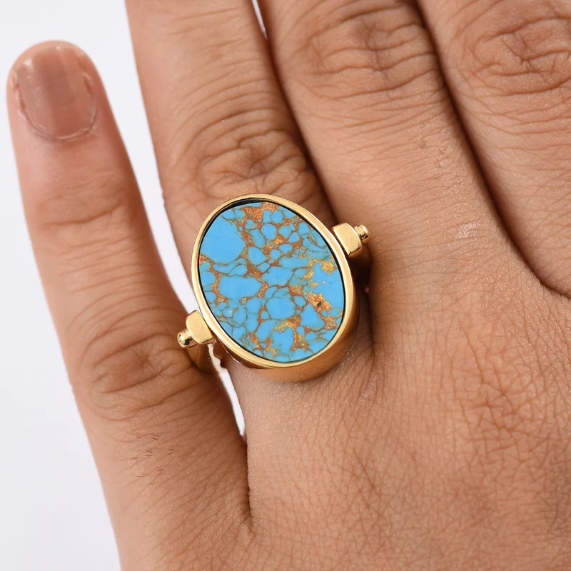 2-in-1 Blaues Türkis Siegel Ring und Anhänger im Wende-Design, Messing goldfarben, mit Edelstahlkette, (Größe 21.00), ca. 15.44 ct