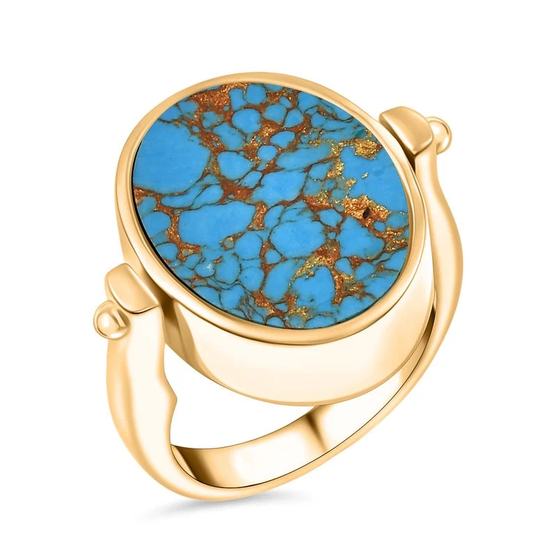 2-in-1 Blaues Türkis Siegel Ring und Anhänger im Wende-Design, Messing goldfarben, mit Edelstahlkette, (Größe 21.00), ca. 15.44 ct
