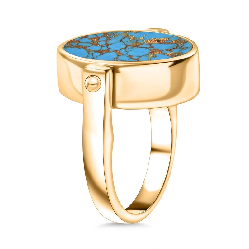 2-in-1 Blaues Türkis Siegel Ring und Anhänger im Wende-Design, Messing goldfarben, mit Edelstahlkette, (Größe 21.00), ca. 15.44 ct