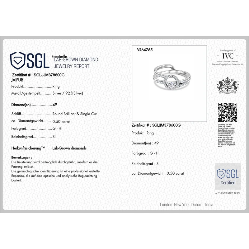 LUXURIANT DIAMOND - Lab Grown Diamant SI-GH SGL zertifiziert Schmuckset 925 Silber rhodiniert (Größe 20) ca. 0,50 ct.