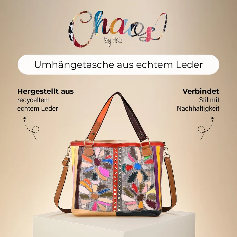 Chaos by Elsie - Umhängetasche aus Echtleder mit farbigem Blumenmuster und Mini-Taschenlampe, 40x14x35 cm, Weiß