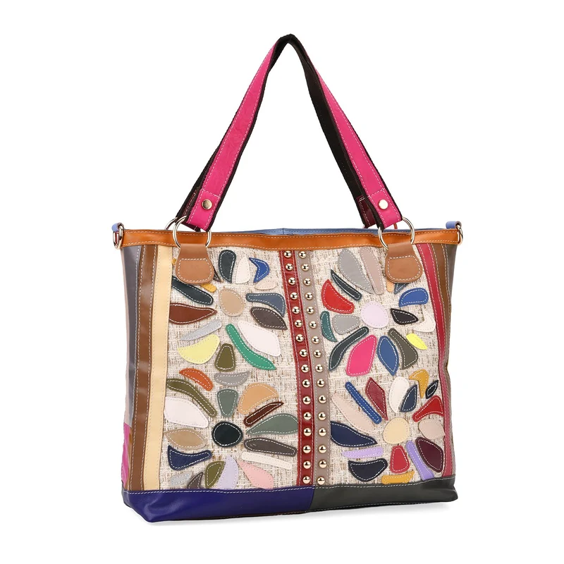 Chaos by Elsie - Umhängetasche aus Echtleder mit farbigem Blumenmuster und Mini-Taschenlampe, 40x14x35 cm, Weiß