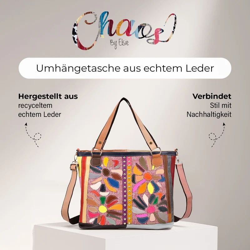 Chaos by Elsie - Umhängetasche aus Echtleder mit farbigem Blumenmuster und Mini-Taschenlampe, 40x14x35 cm, Weiß