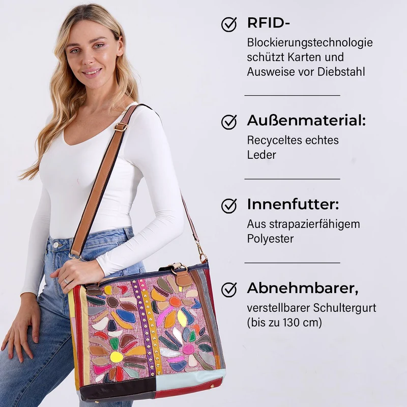 Chaos by Elsie - Umhängetasche aus Echtleder mit farbigem Blumenmuster und Mini-Taschenlampe, 40x14x35 cm, Weiß