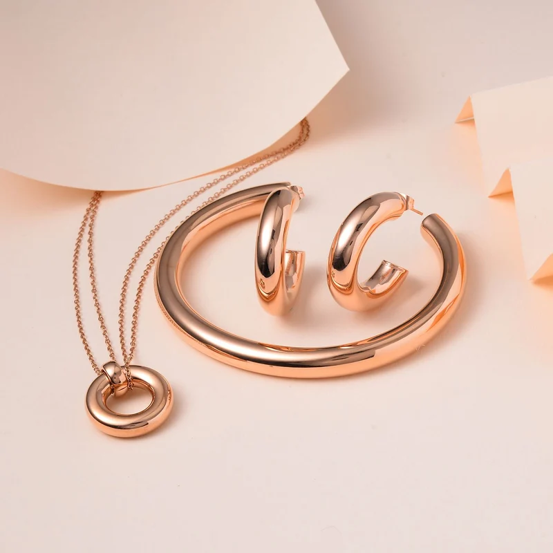 3er Set - Designer Inspiriert Armreif, Creolen und Anhänger mit kette, Rosefarben