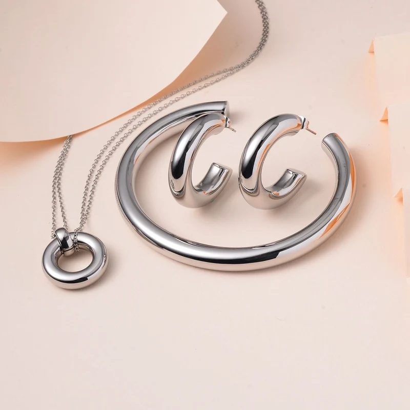 3er Set - Designer Inspiriert Armreif, Creolen und Anhänger mit kette, Rosefarben