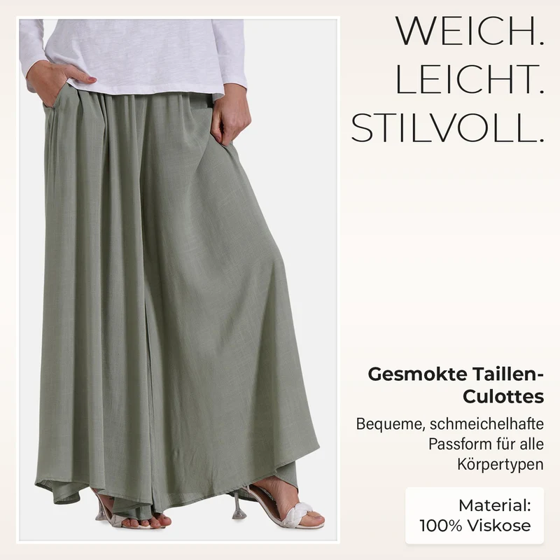 Gesmokte Taillen-Culottes, locker, bequem, elastischer Bund, 100 % Viskose, Einheitsgröße, Rosa