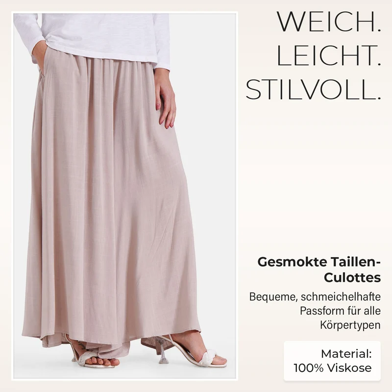 Gesmokte Taillen-Culottes, locker, bequem, elastischer Bund, 100 % Viskose, Einheitsgröße, Rosa