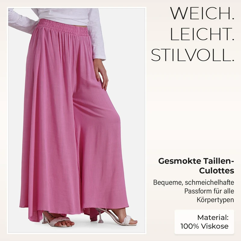 Gesmokte Taillen-Culottes, locker, bequem, elastischer Bund, 100 % Viskose, Einheitsgröße, Rosa