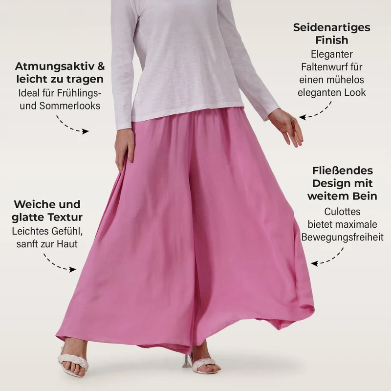 Gesmokte Taillen-Culottes, locker, bequem, elastischer Bund, 100 % Viskose, Einheitsgröße, Rosa