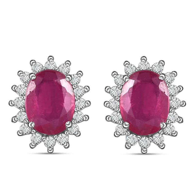 Afrikanischer Rubin (Fissure gefüllt), Weißer Zirkon Ohrringe 925 Silber Platiniert ca. 3.28 ct
